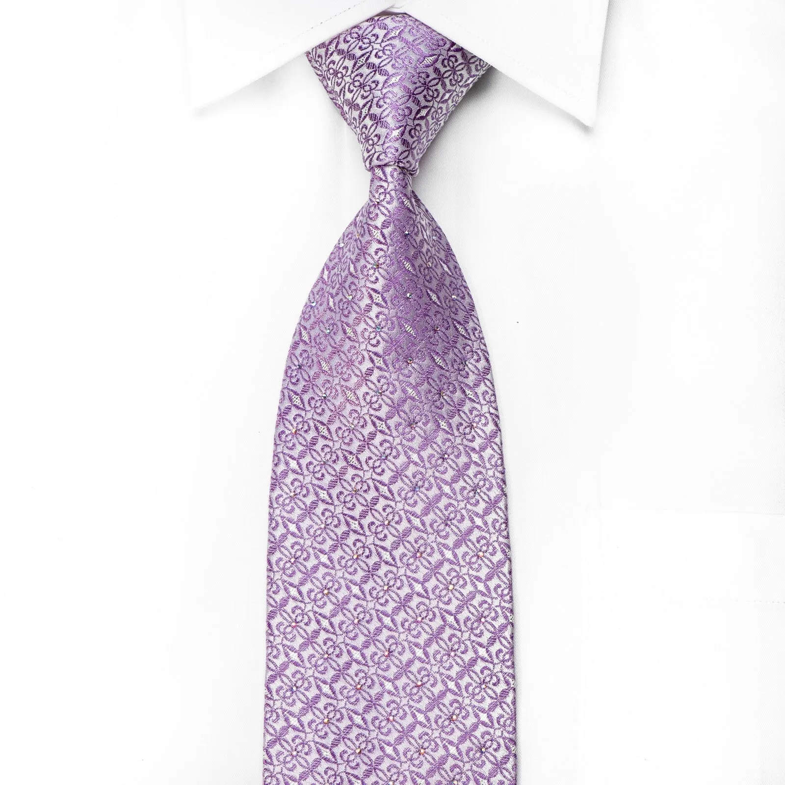 Elle Homme Men's Crystal Silk Necktie Cartouche On Mauve With Silver Sparkles