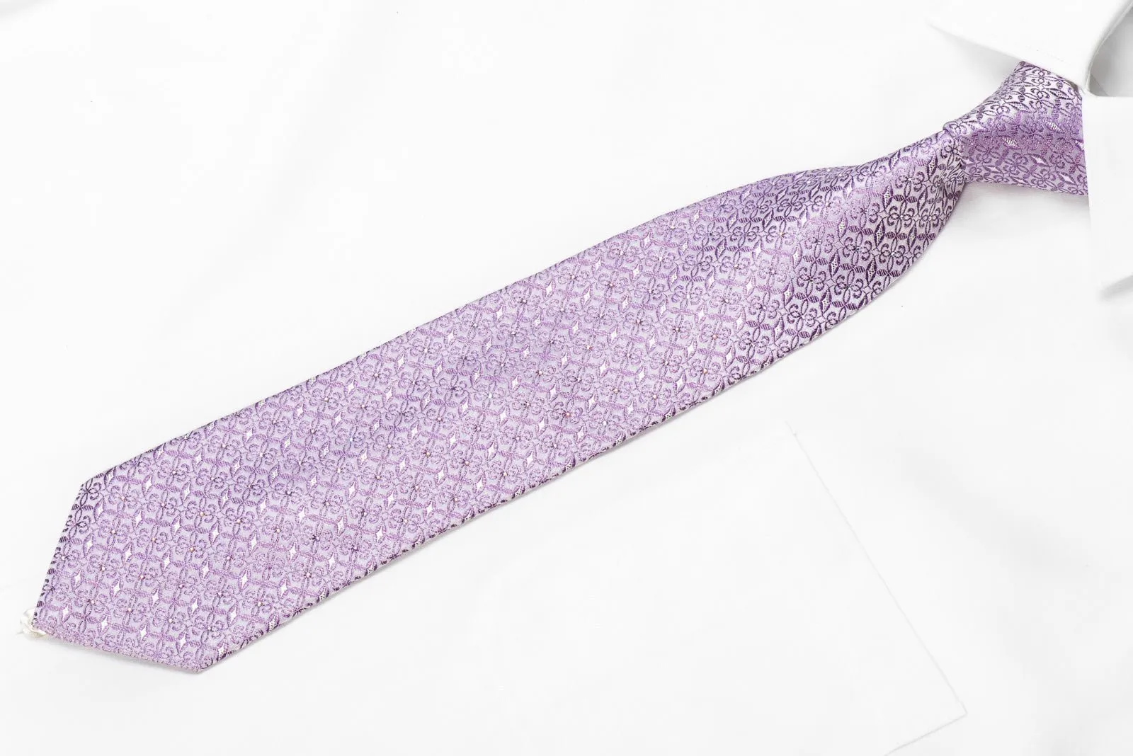 Elle Homme Men's Crystal Silk Necktie Cartouche On Mauve With Silver Sparkles