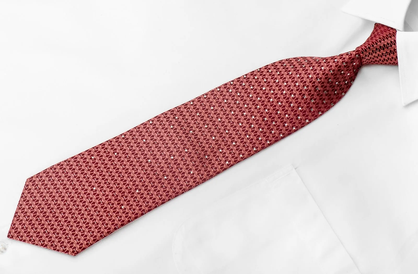 Elle Homme Mens Crystal Silk Tie Chainmail On Red With Silver Sparkles