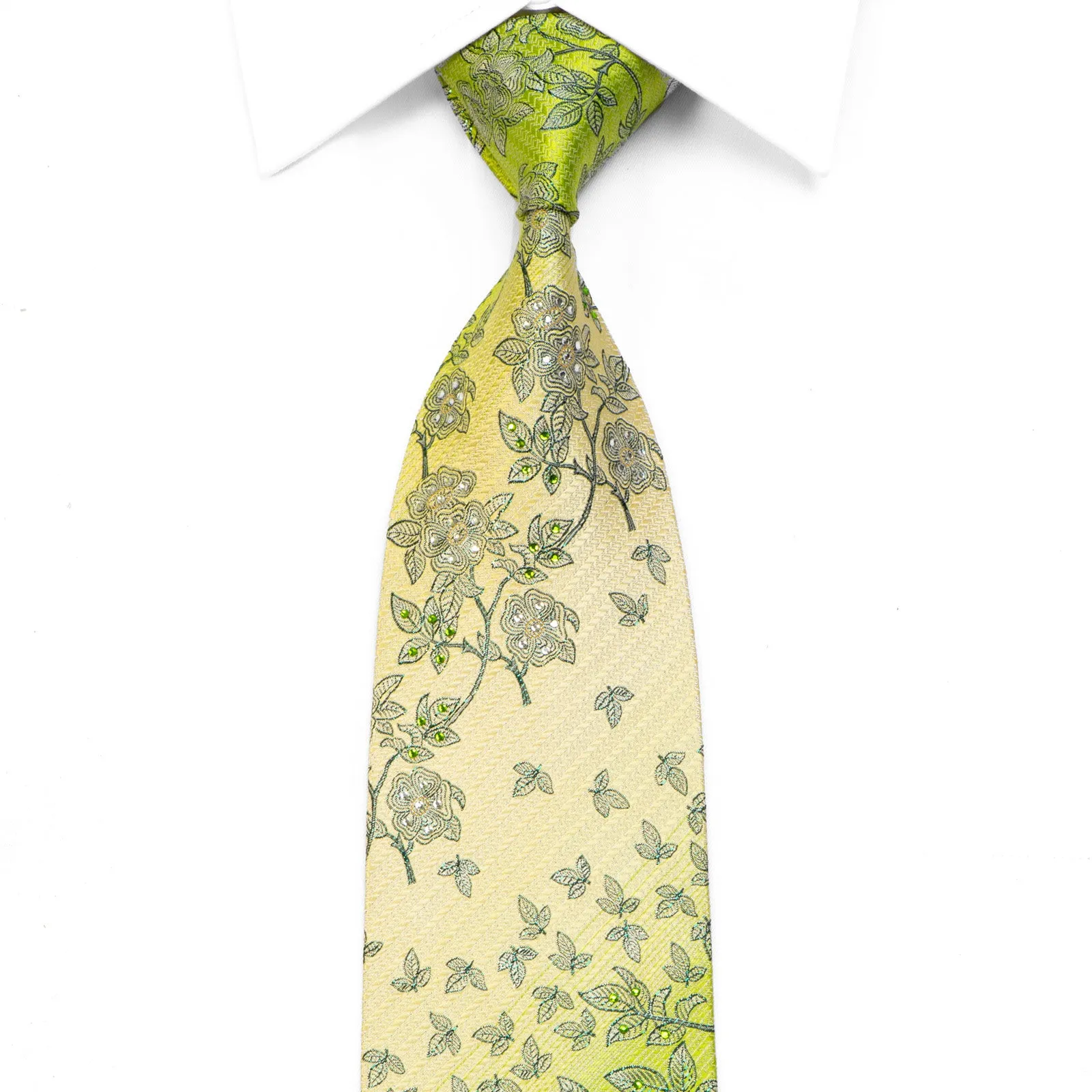 Floral On Green Rhinestone Silk Necktie