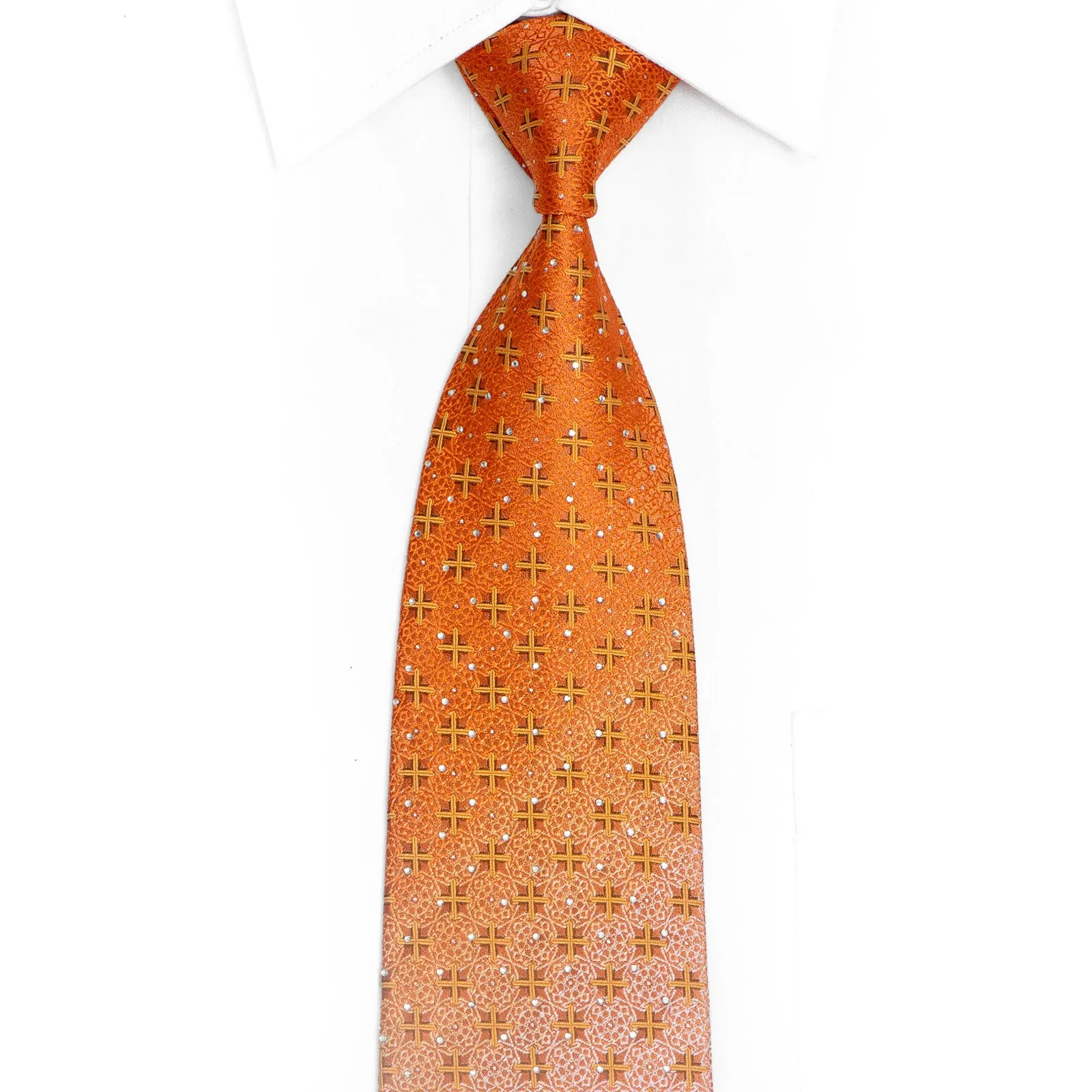 Geometric Design On Orange Rhinestone Silk Necktie With Silver Sparkles