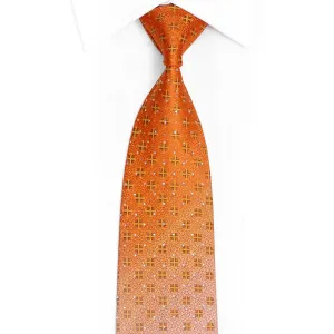 Geometric Design On Orange Rhinestone Silk Necktie With Silver Sparkles