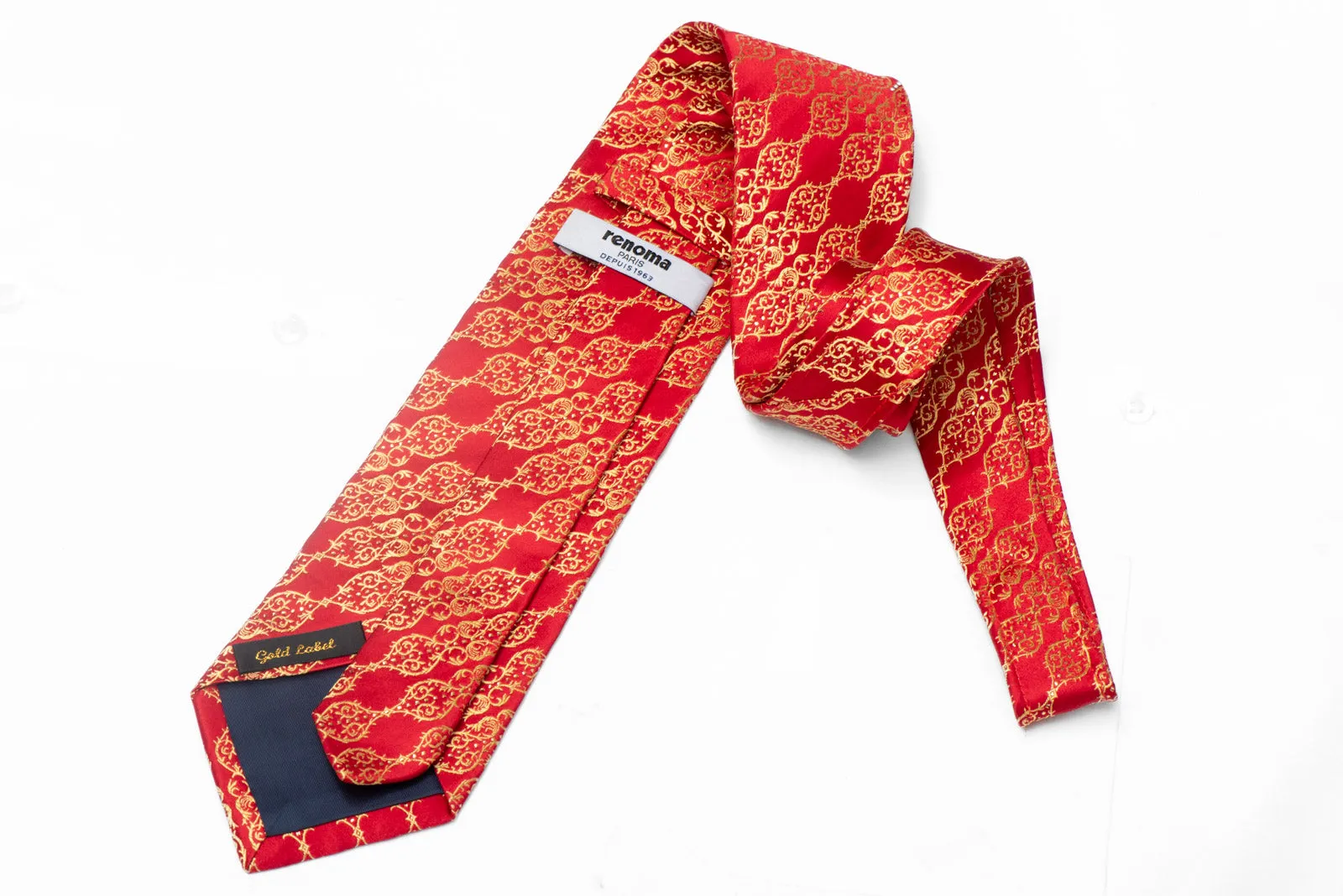 Gold Cartouche On Red Rhinestone Silk Necktie With Gold Sparkles