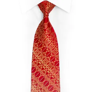 Gold Cartouche On Red Rhinestone Silk Necktie With Gold Sparkles