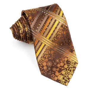 Grang Cia Men's Silk Rhinestone Tie Yellow Beige Floral & Stripes On Brown