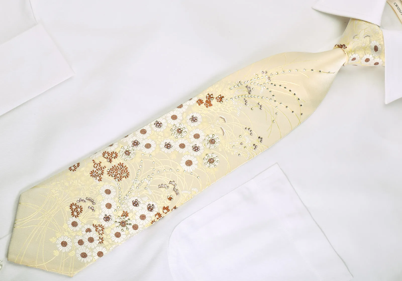 Grang Cia Silk Necktie Floral On Yellow With Rhinestones