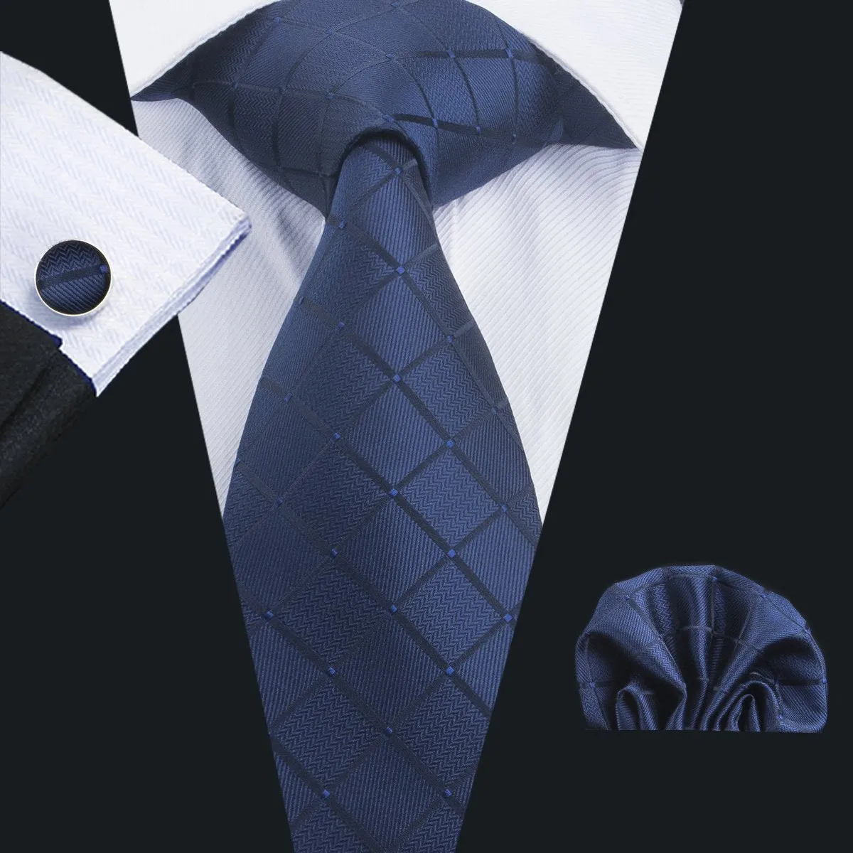 Hi-Tie Blue Plaid 63 Inches Extra Long Tie Pocket Square Cufflinks Set