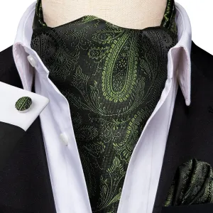 Hi-Tie Olive Green Ties Paisley Ascot Tie Pocket Square Cufflinks Set