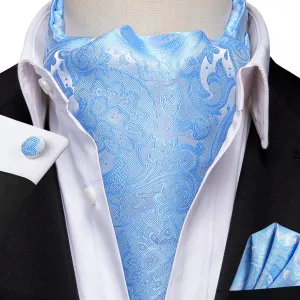 Hi-Tie Sky Blue Necktie Floral Ascot Tie Pocket Square Cufflinks Set