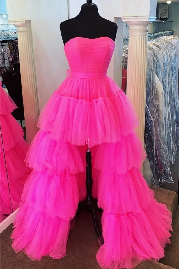 High Low Hot Pink Strapless Formal Gown