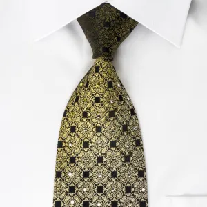 Indian Homme Silk Tie Yellow Orange Anthemion On Black With Rhinestones