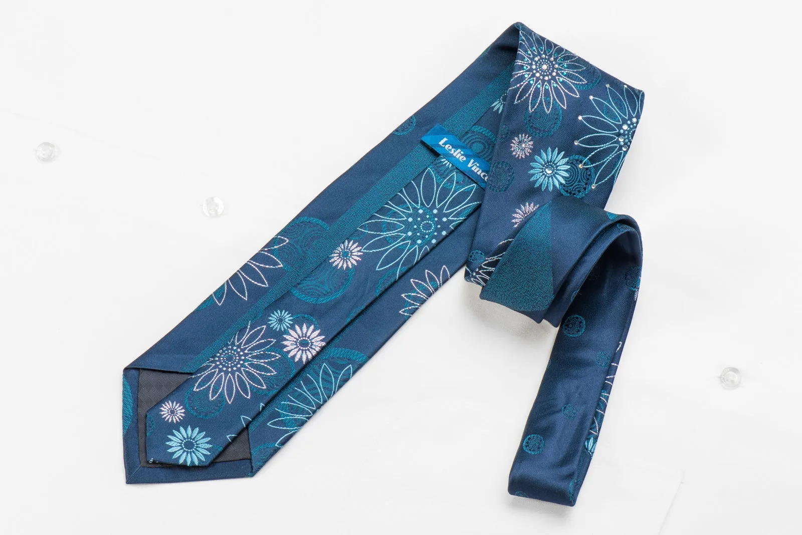 Leslie Vince Men's Crystal Silk Necktie Geometric Floral On Blue With Sparkles