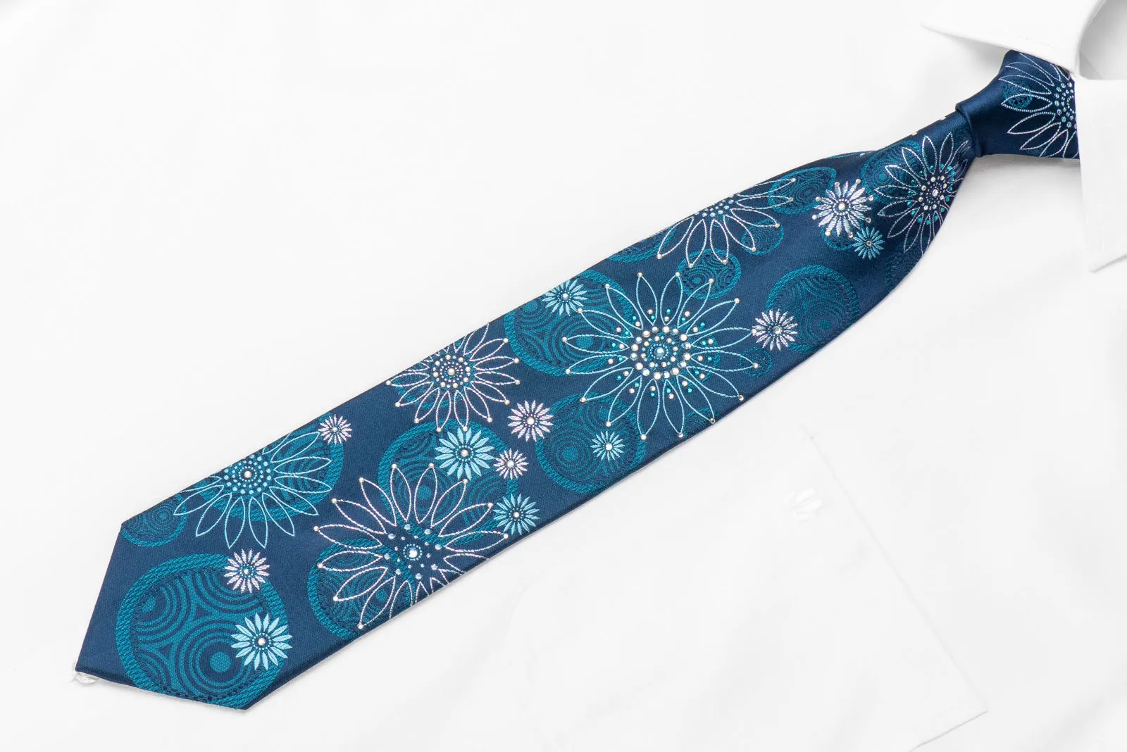 Leslie Vince Men's Crystal Silk Necktie Geometric Floral On Blue With Sparkles