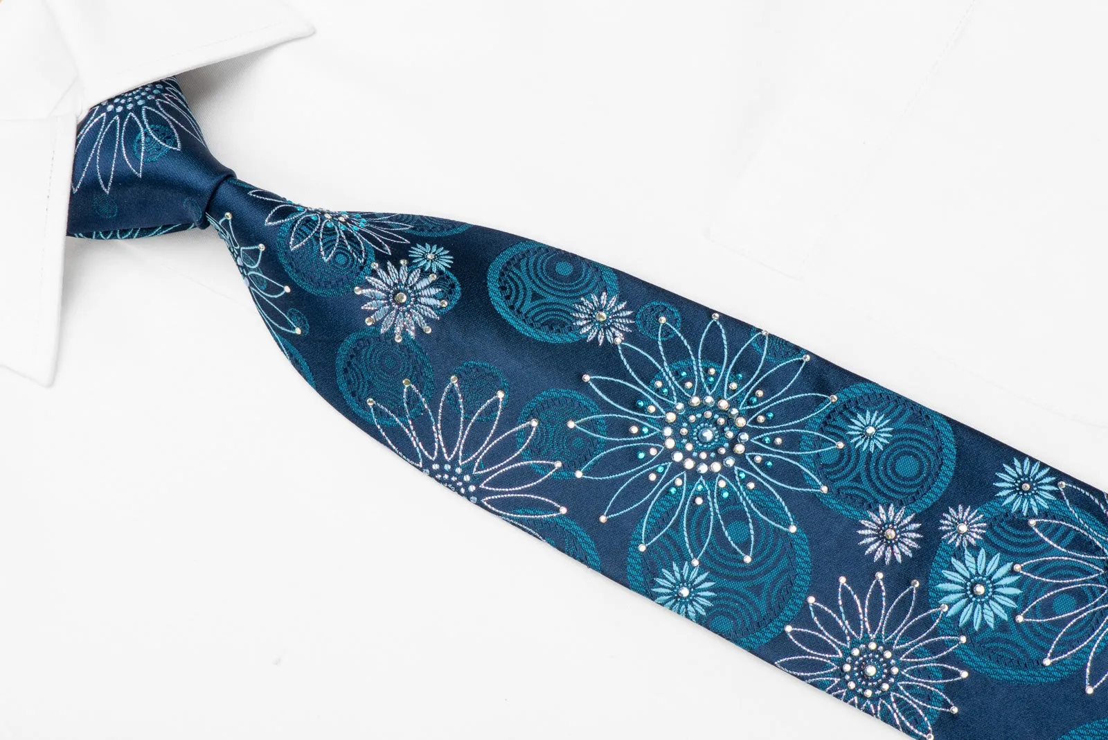 Leslie Vince Men's Crystal Silk Necktie Geometric Floral On Blue With Sparkles