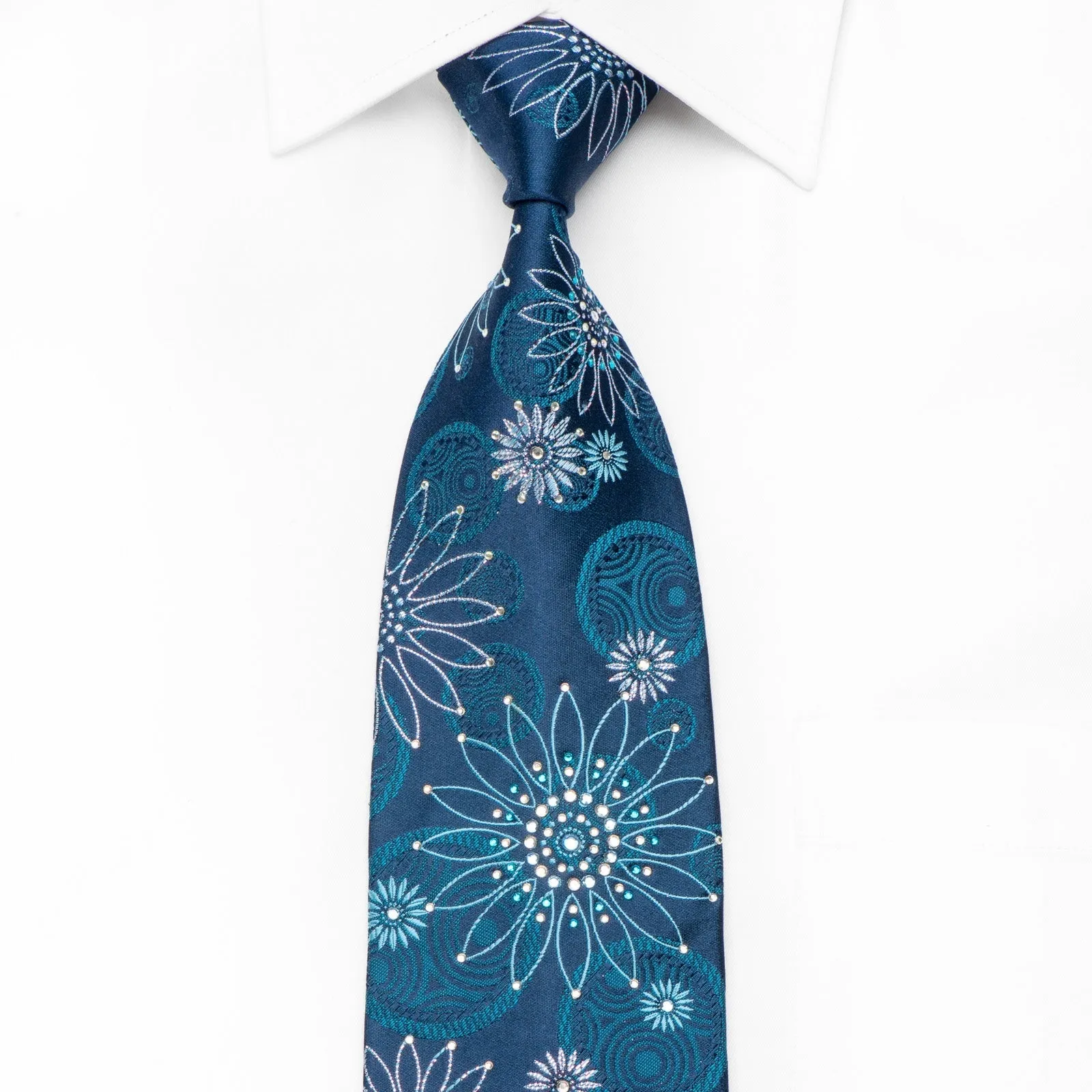 Leslie Vince Men's Crystal Silk Necktie Geometric Floral On Blue With Sparkles