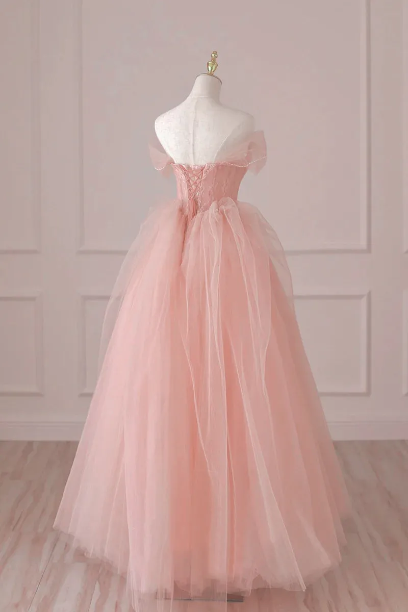 Light Pink Tulle Off Shoulder Lace and Beaded Prom Dress, Pink Formal Dress