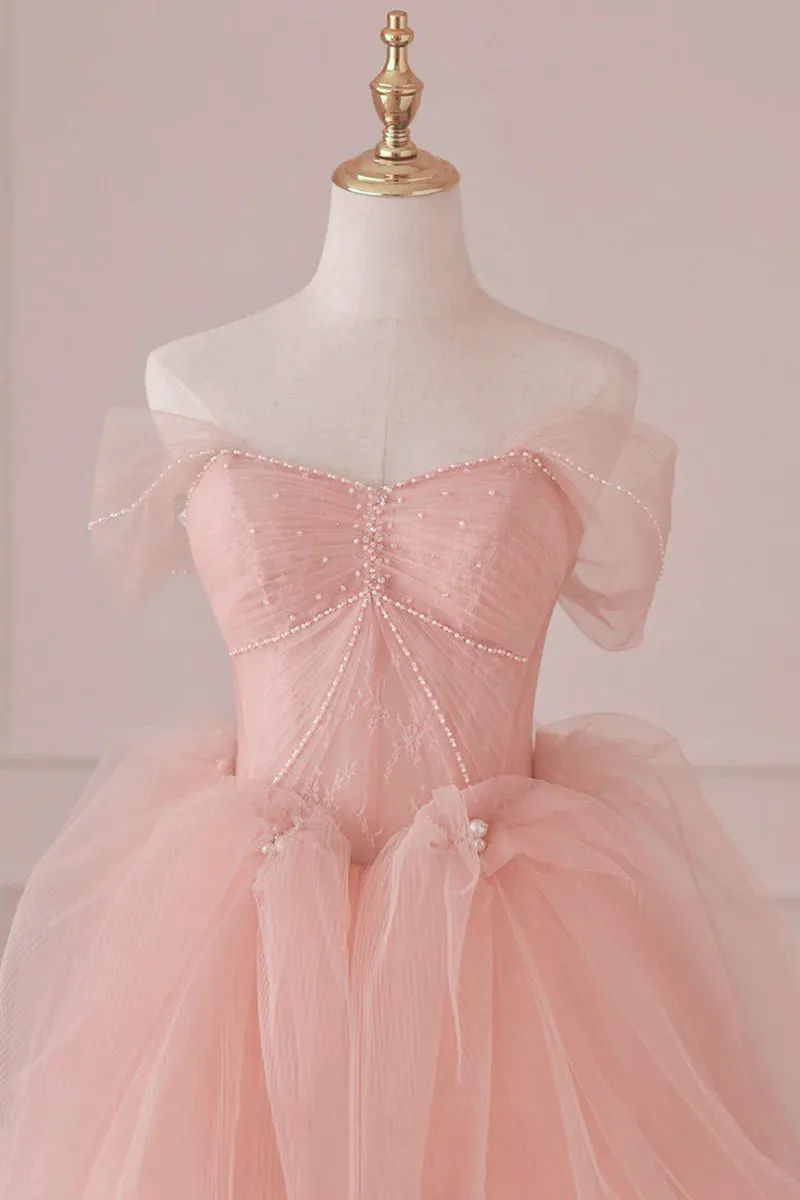 Light Pink Tulle Off Shoulder Lace and Beaded Prom Dress, Pink Formal Dress