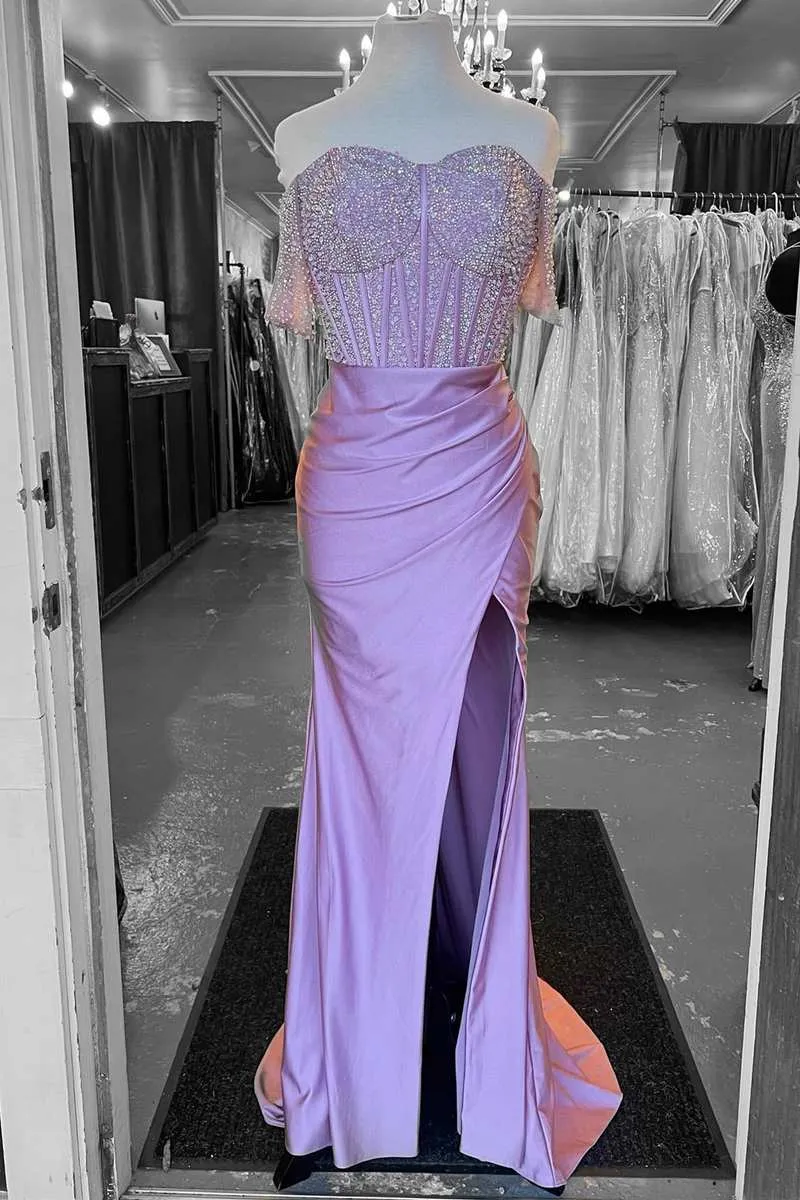 Lilac Beaded Off-the-Shoulder Long Formal Dress with Slit