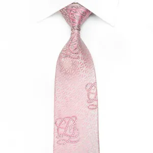 Louis Quatorze Men's Crystal Silk Necktie Silver Monogram On Pink Sparkling With Rhinestones