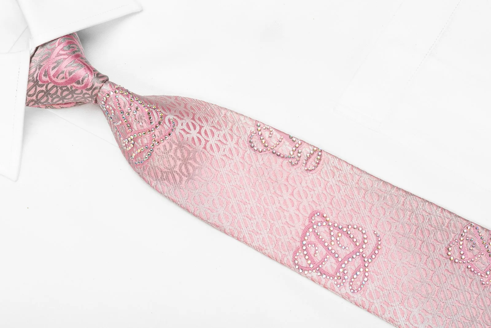 Louis Quatorze Men's Crystal Silk Necktie Silver Monogram On Pink Sparkling With Rhinestones