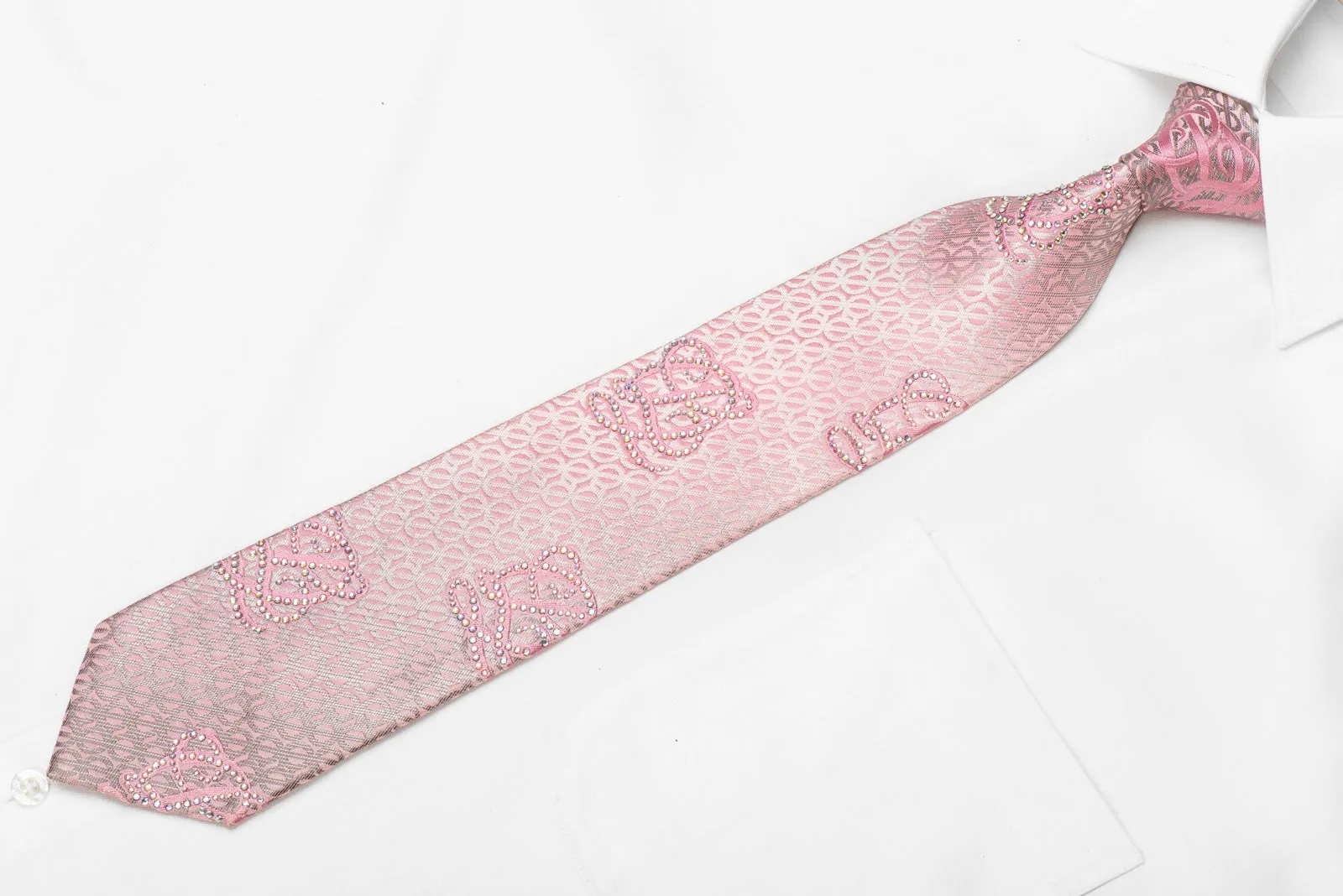 Louis Quatorze Men's Crystal Silk Necktie Silver Monogram On Pink Sparkling With Rhinestones