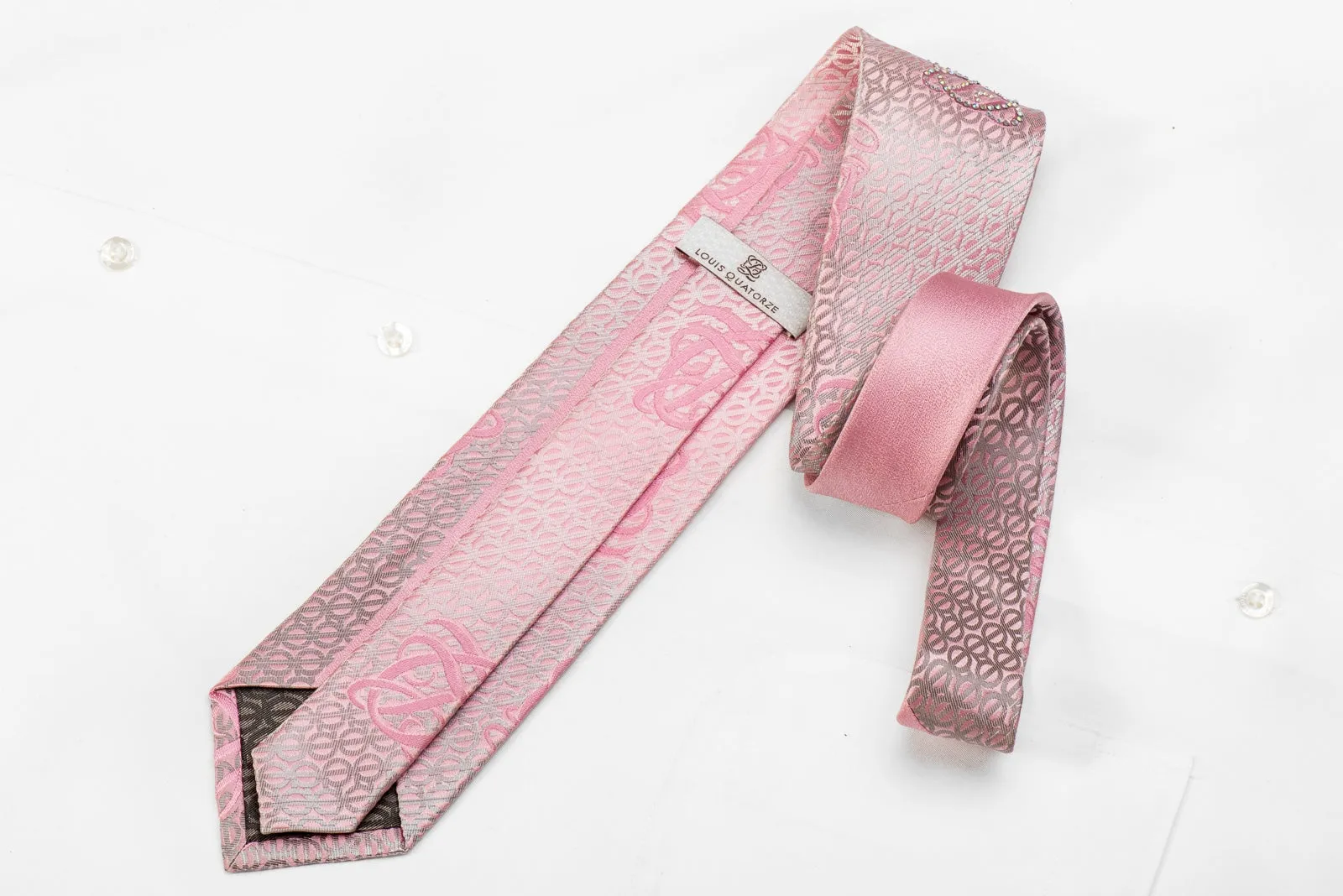 Louis Quatorze Men's Crystal Silk Necktie Silver Monogram On Pink Sparkling With Rhinestones