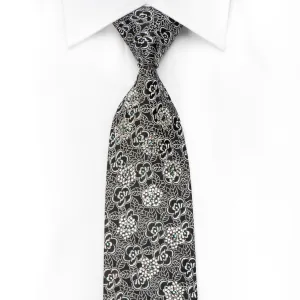 M-Story Men's Crystal Tie Silver Floral On Black With Silver Sparkles