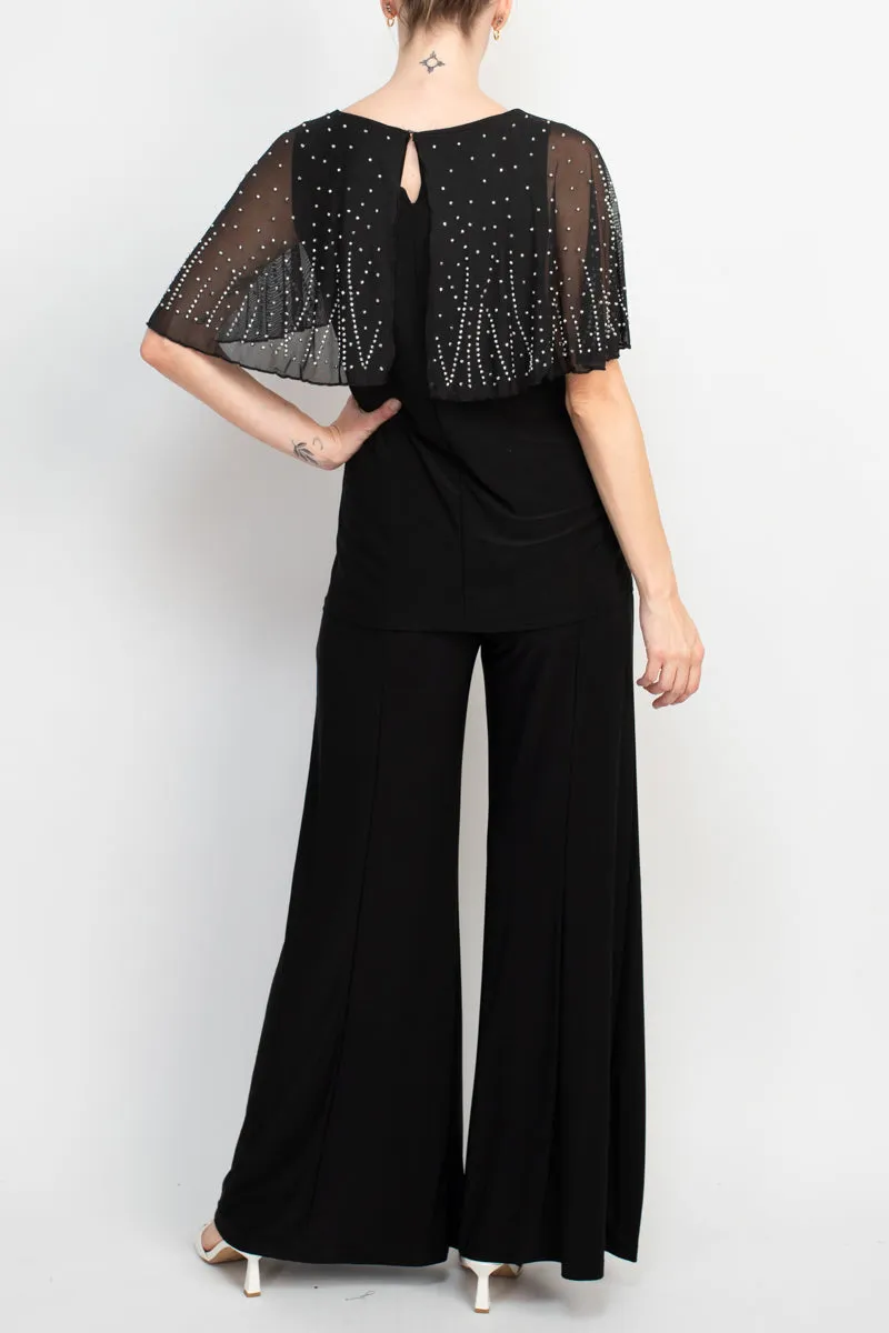 Marina Boat Neck Embellished Capelet Sleeve Solid Top and Elastic Mid Waist Wide Leg wo Piece Pant Set