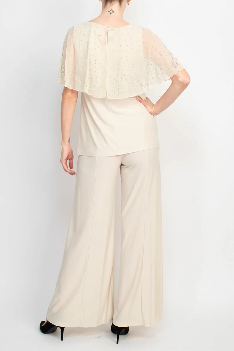 Marina Boat Neck Embellished Capelet Sleeve Solid Top and Elastic Mid Waist Wide Leg wo Piece Pant Set