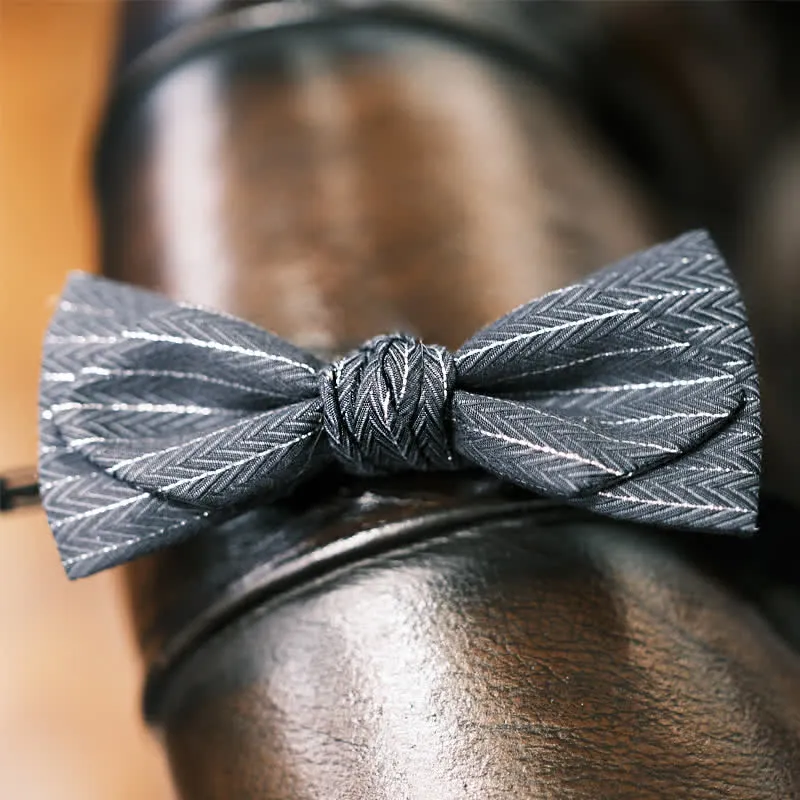 Men's Dark Gray Striped Herringbone Pattern Bow Tie