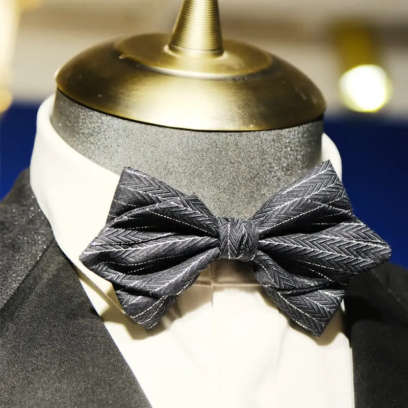 Men's Dark Gray Striped Herringbone Pattern Bow Tie