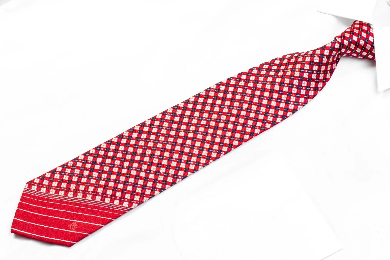 Men's Rhinestone Silk Necktie Silver Blue Checkered On Red With Sparkles