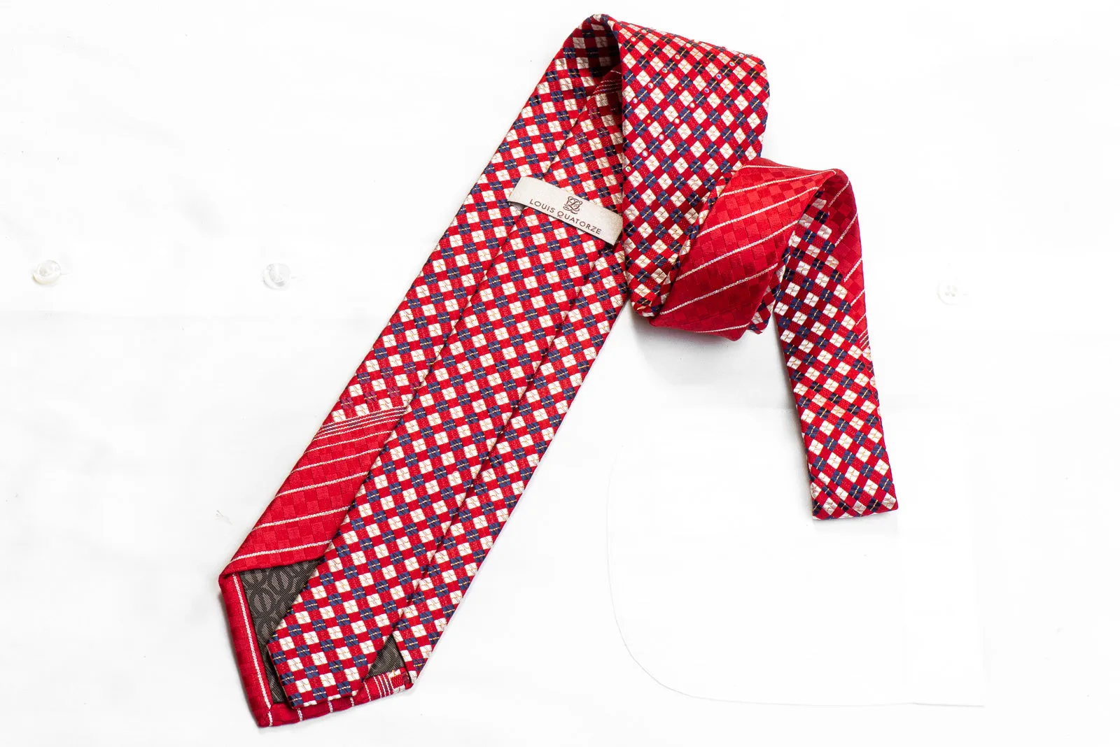 Men's Rhinestone Silk Necktie Silver Blue Checkered On Red With Sparkles