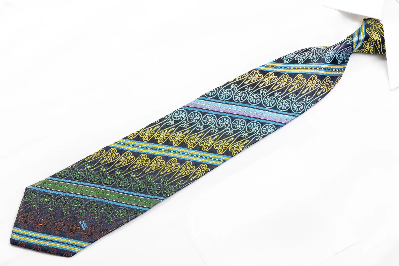 Men's Silk Rhinestone Necktie Green Blue Anthemion Striped On Navy