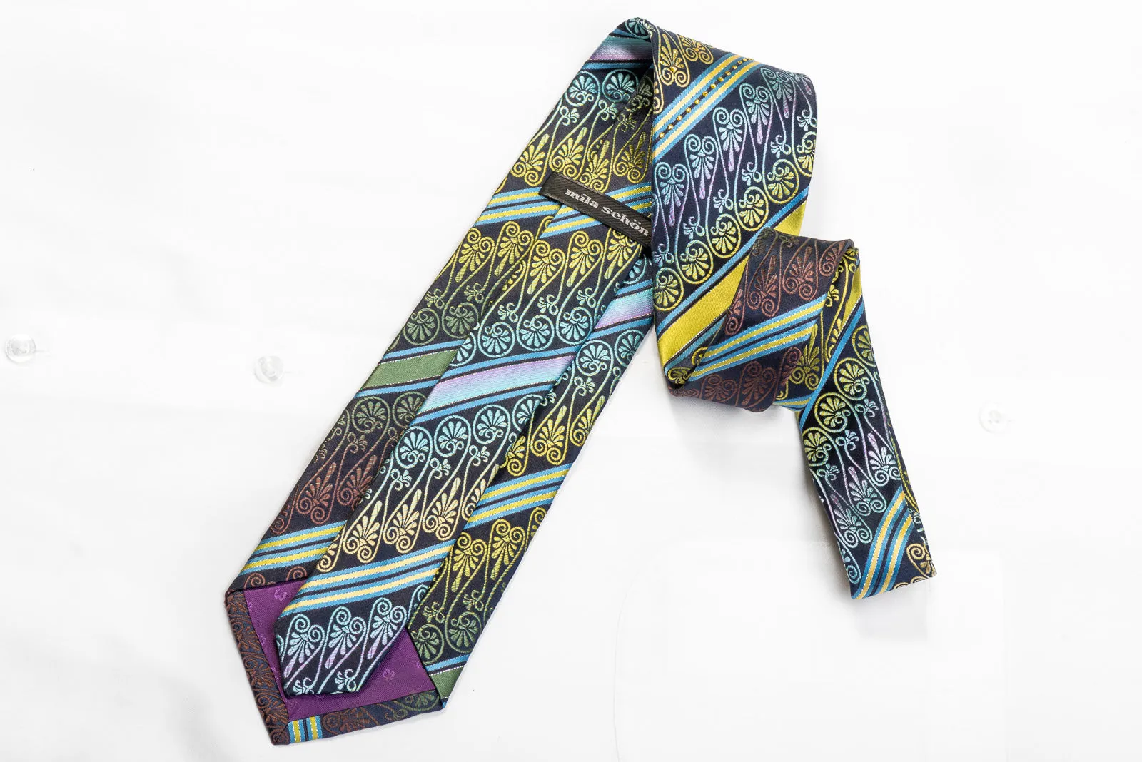 Men's Silk Rhinestone Necktie Green Blue Anthemion Striped On Navy