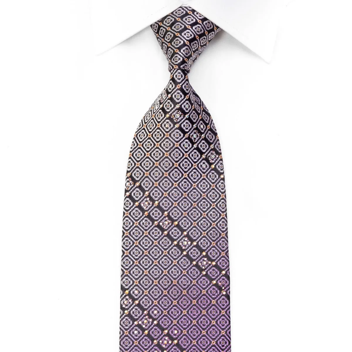 Metro City Rhinestone Silk Necktie Geometric On Purple