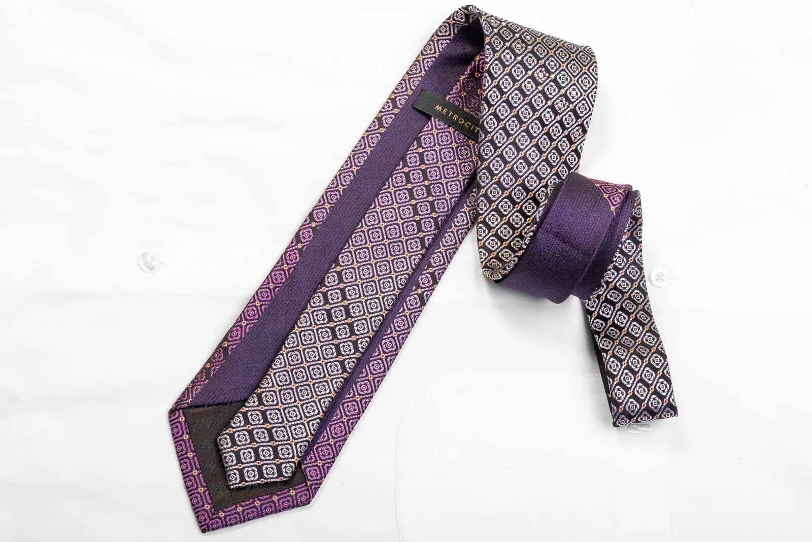 Metro City Rhinestone Silk Necktie Geometric On Purple