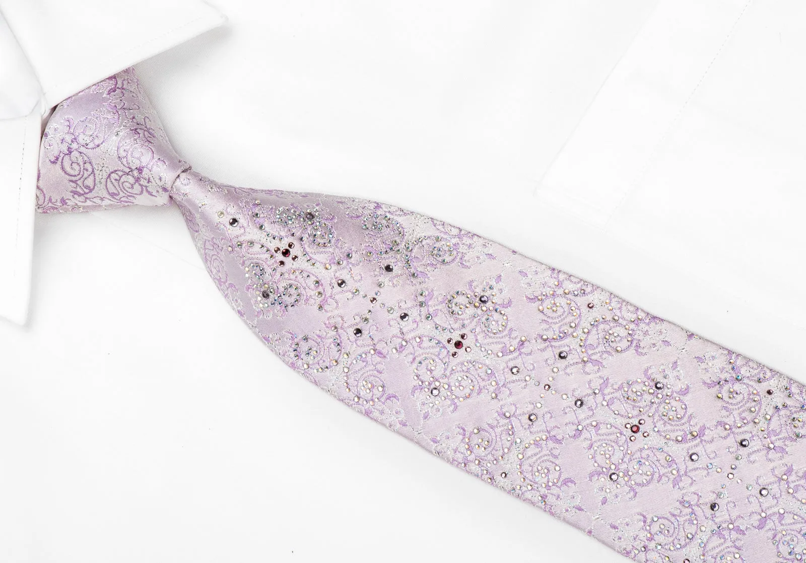 Nicole St Giles Men's Crystal Silk Tie Damask On Pale Violet With Sparkles