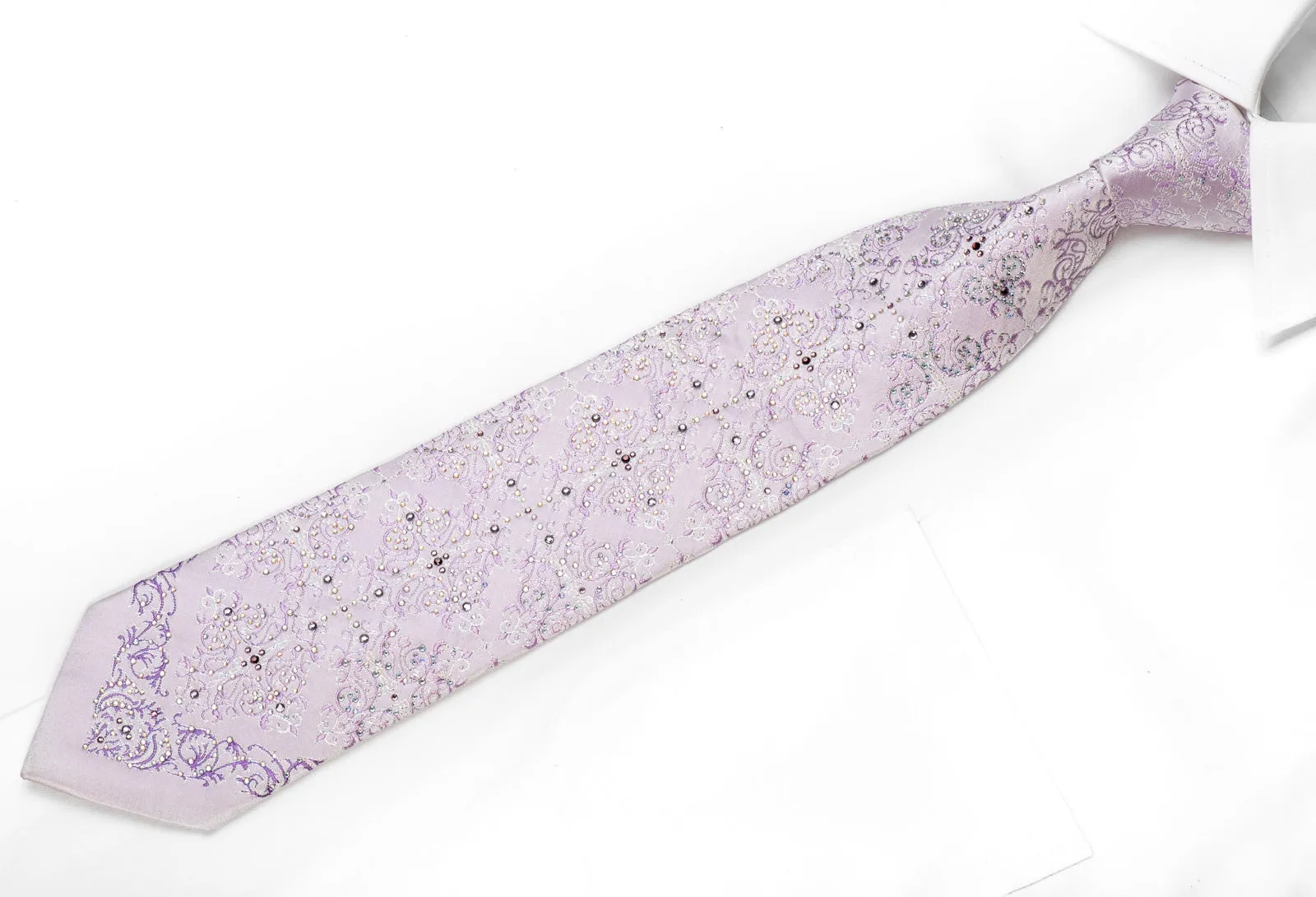 Nicole St Giles Men's Crystal Silk Tie Damask On Pale Violet With Sparkles