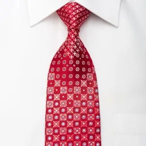 Nina Ricci Men's Silk Necktie Geometric On Red With Crystal Rhinestones