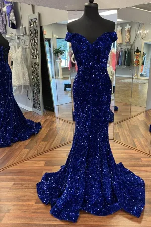 Off the Shoulder Royal Blue Sequins Mermaid Long Formal Dress