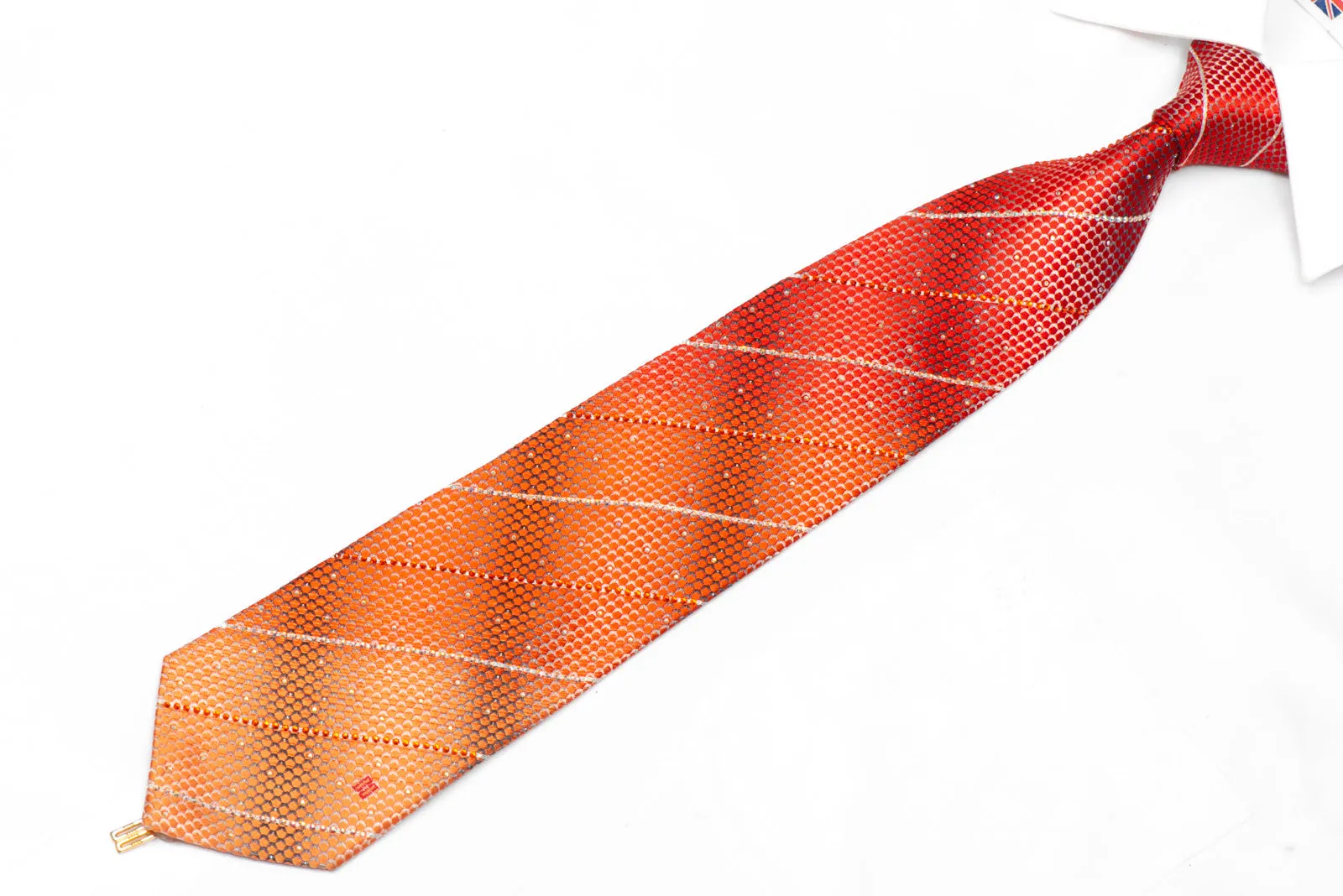 Orange Geometric & Striped Rhinestones On Silver Silk Tie With Sparkles