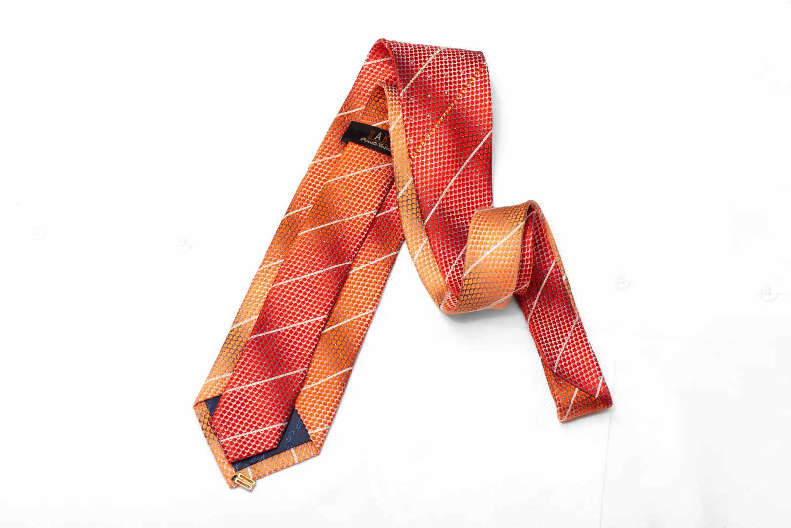 Orange Geometric & Striped Rhinestones On Silver Silk Tie With Sparkles