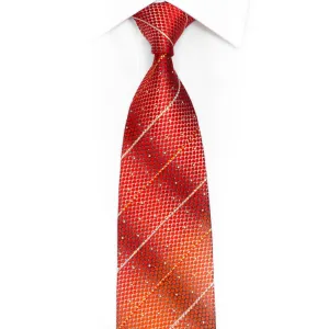 Orange Geometric & Striped Rhinestones On Silver Silk Tie With Sparkles