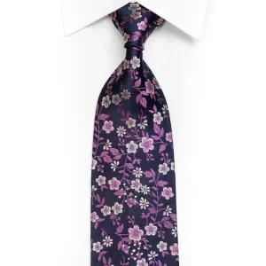 Purple Floral On Navy Rhinestone Silk Necktie With Purple Sparkles