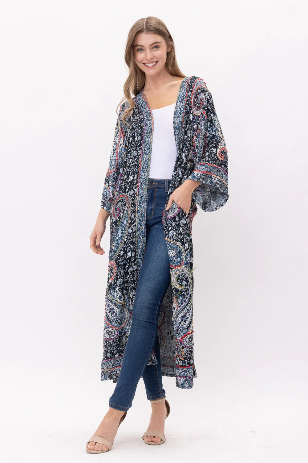 RAJ SIERRA THICK STITCH EMBROIDERED DUSTER MIDNIGHT BLUE