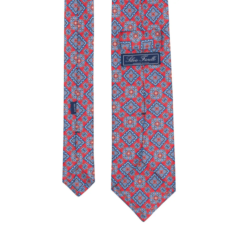 Red and Light Blue Medieval Art Duchesse Silk Tie