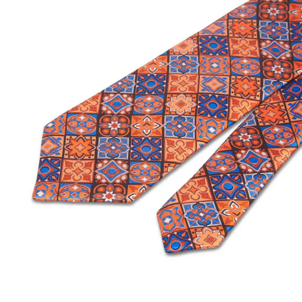 Renaissance Elegance Orange and Blue Duchesse Silk Tie