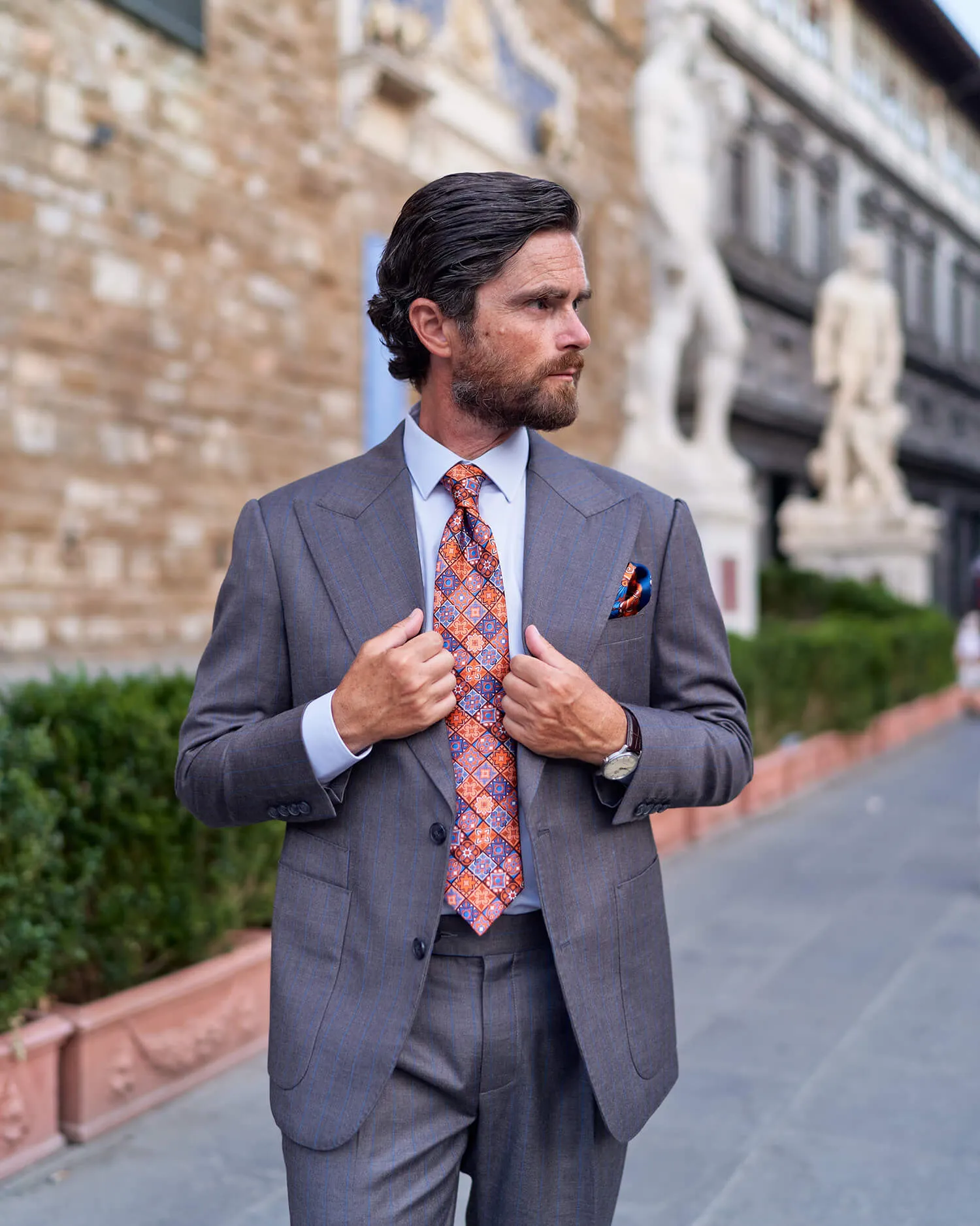 Renaissance Elegance Orange and Blue Duchesse Silk Tie