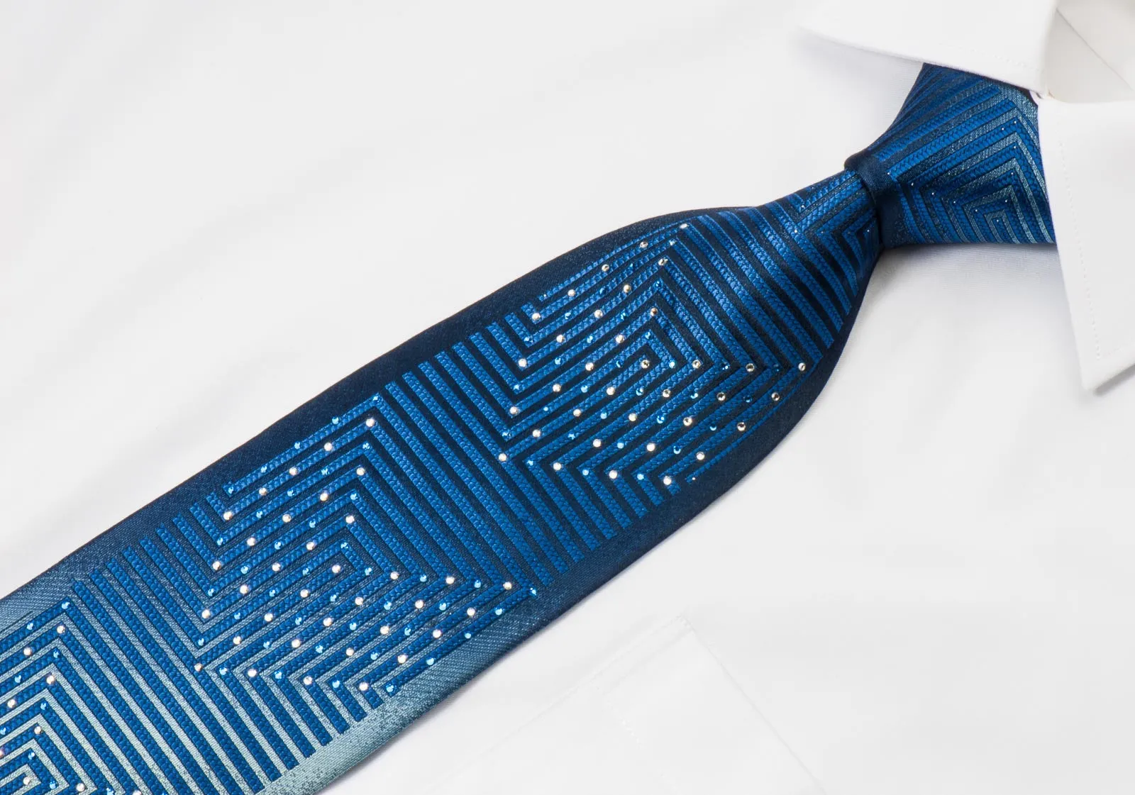 Renoma Crystal Rhinestone Necktie Geometric On Blue With Silver Sparkles